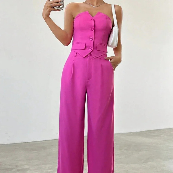 Hot Pink Casual Women's Strapless Button Up Top And Pants Set - Picture 3 of 6